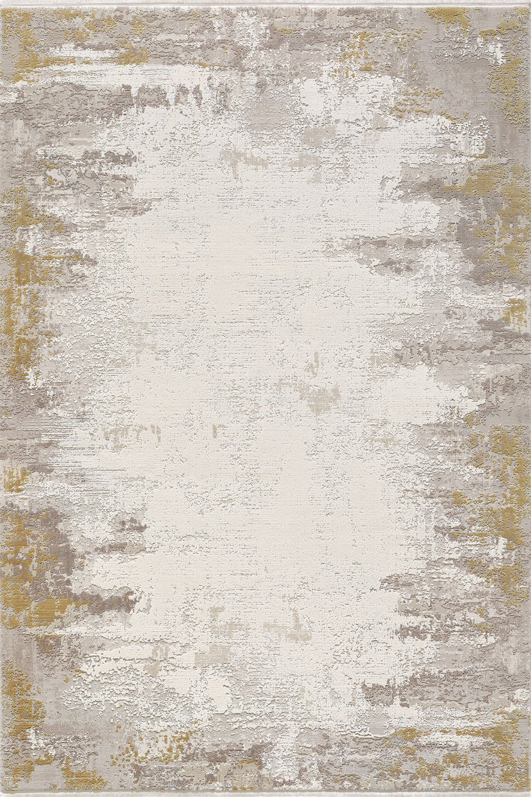The Abstract Blitz Premium Rug - Gold - M658F is a machine-made, rectangular rug with an abstract design in beige, gray, and gold tones, featuring soft blended patches and a textured, faded-edge look for modern style.