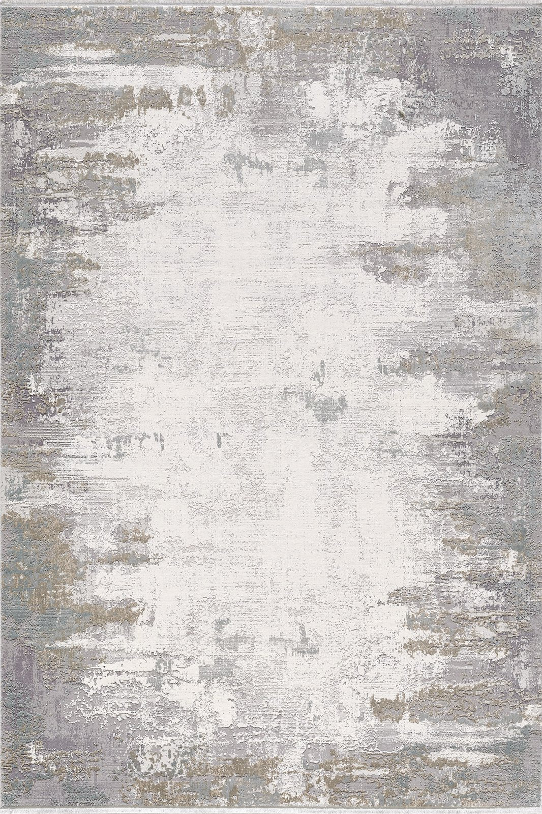 The Abstract Blitz Premium Rug - Silver - M658D features a modern, distressed pattern in gray, beige, and ivory with a faded painterly design. This machine-made rug adds contemporary style to any room.