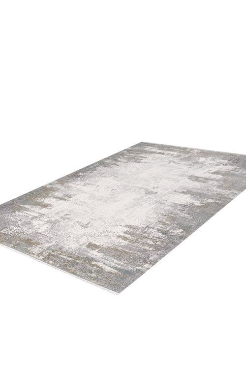 Load image 1 in gallery view. The Abstract Blitz Premium Rug - Silver - M658D is a rectangular, machine-made rug with an abstract design in gray, white, and beige tones, showcasing a modern textured and distressed look against a white background.
