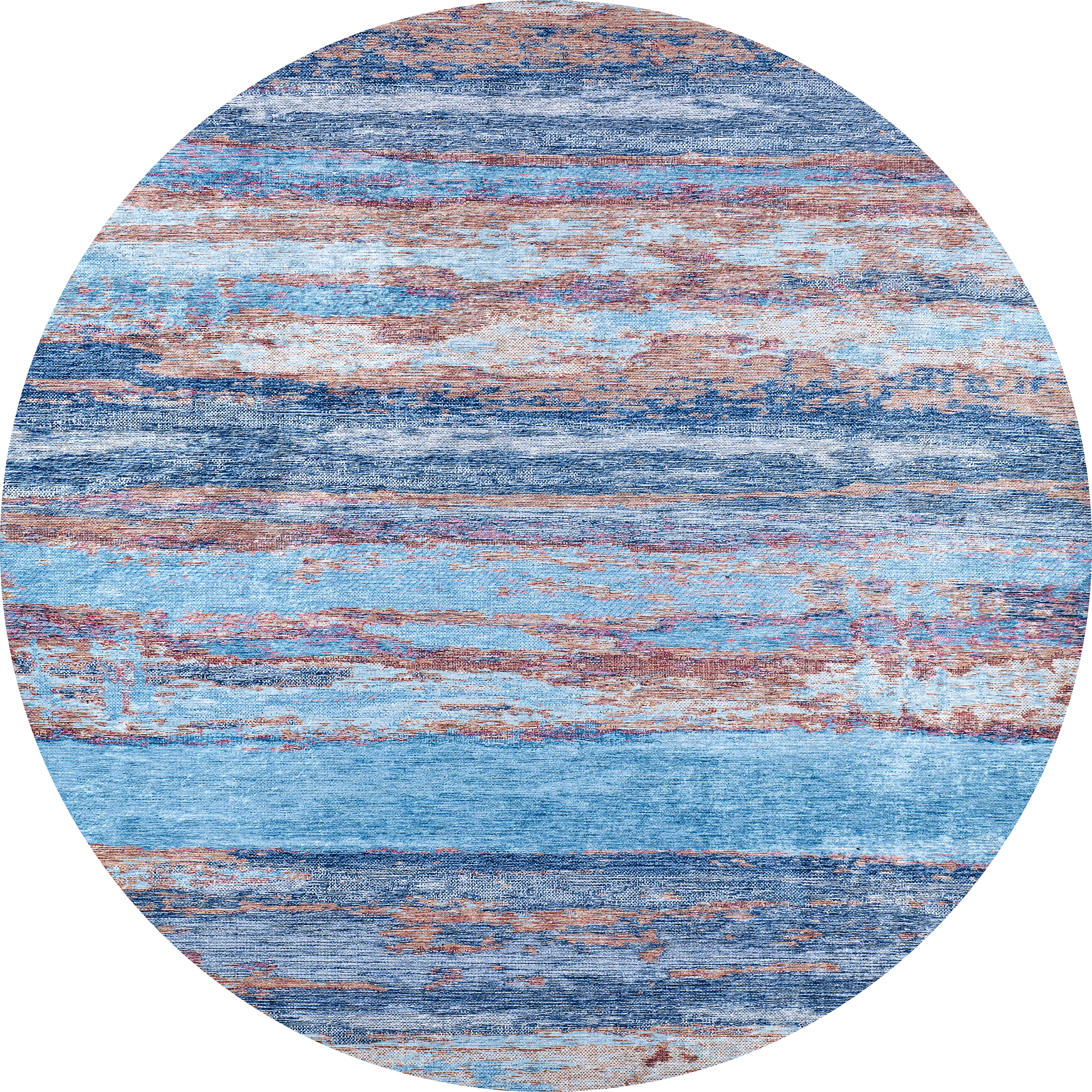 The Abstract Elegance - Machine-Washable Rug JR87 (Custom Size) features a round shape with an artistic abstract pattern in blue, beige, and brown. Its washable fabric is ideal for high-traffic areas while maintaining a stylish, textured look.