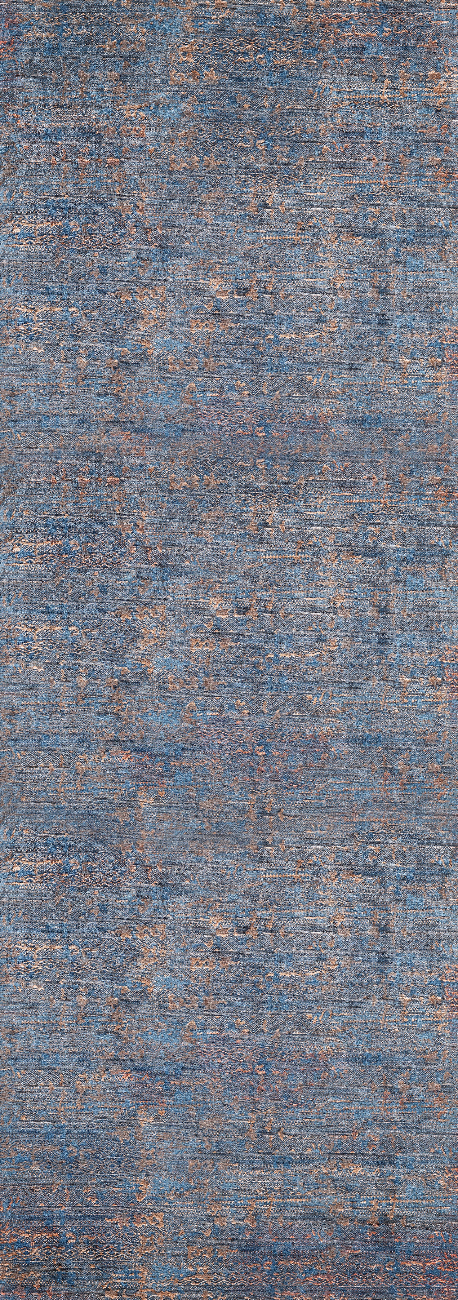 The Abstract Harmony - Machine-Washable Rug JR1882 features a textured blue design with gray and orange accents, showcasing a modern distressed pattern. Perfect for allergy-sensitive homes and easy to clean—just wash as needed.