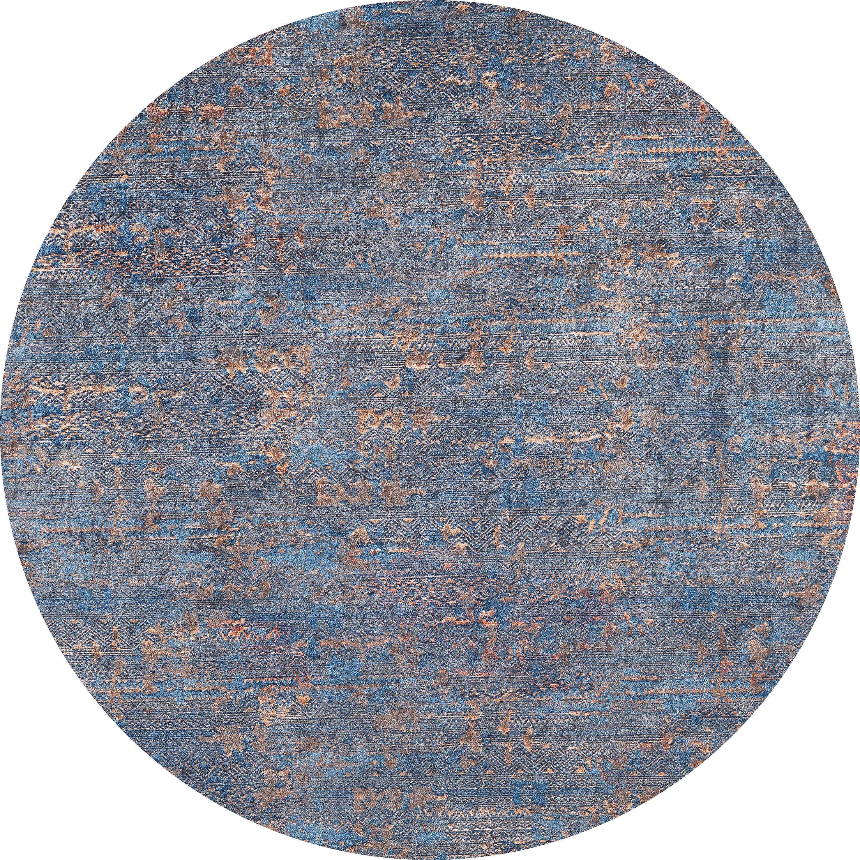 The Abstract Harmony - Machine-Washable Rug JR1882 is a round, washable blue rug with a textured abstract pattern in blue and brown tones, featuring a distressed look—ideal for allergy-sensitive homes.