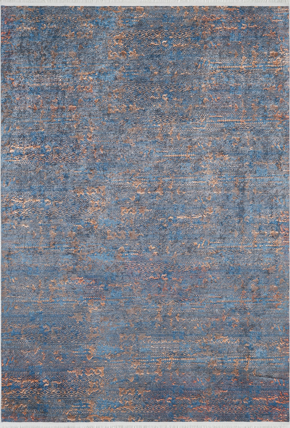 The Abstract Harmony - Machine-Washable Rug JR1882 (Custom Size) is a rectangular blue rug with a textured abstract pattern in blue and orange, layered weathered look, and subtle tan and gray—perfect for high-traffic areas.