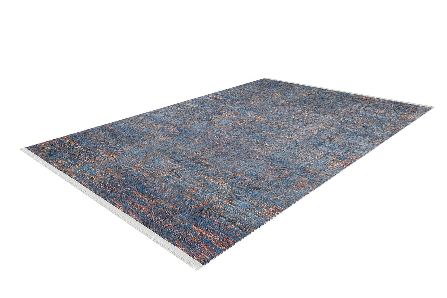 The Abstract Harmony - Machine-Washable Rug JR1882 (Custom Size) is a large blue textured rug with subtle orange and brown accents, short white fringe on both shorter edges, and is washable—ideal for high-traffic areas. Shown on a white background.