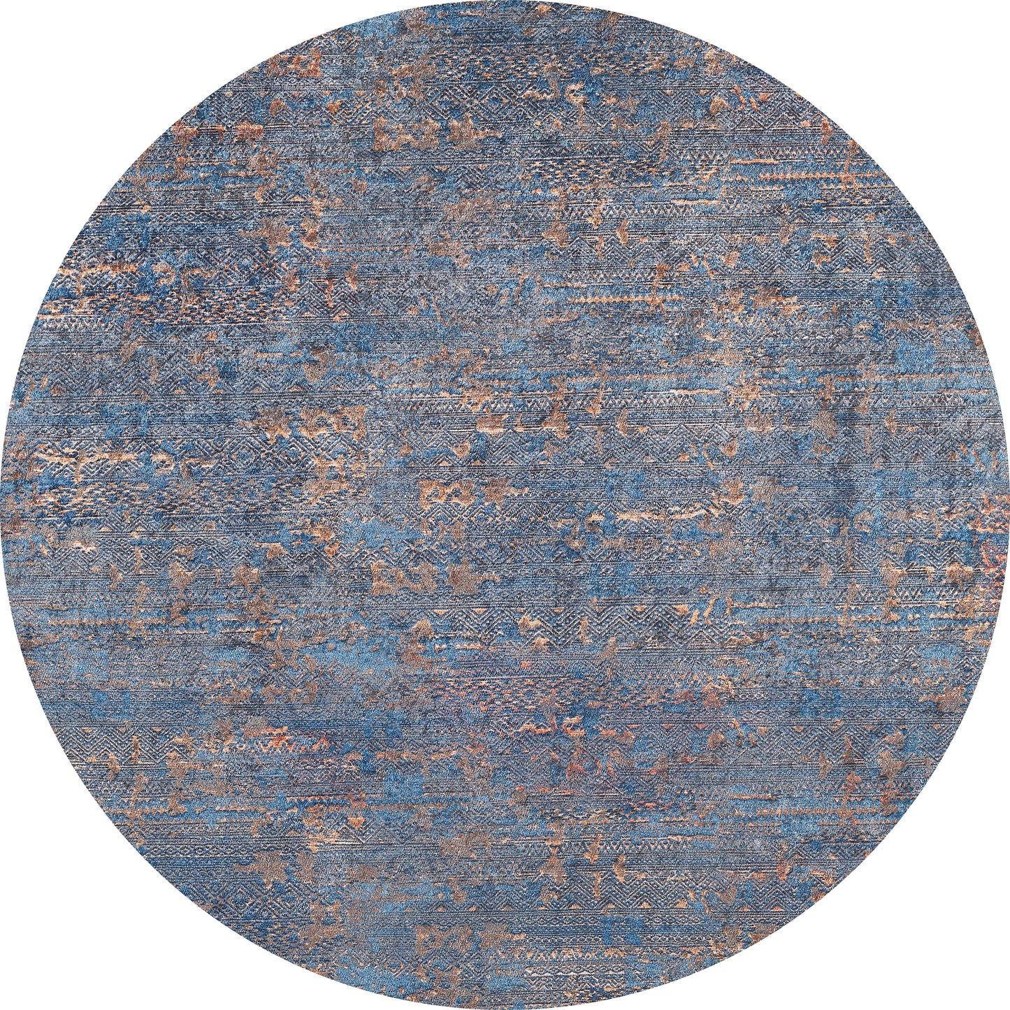 The Abstract Harmony - Machine-Washable Rug JR1882 (Custom Size) is a round blue rug with distressed blue and copper patterns, subtle textures, and faded accents for a vintage look—perfect for high-traffic areas.