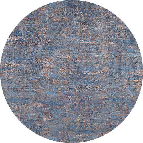 Load image 1 in gallery view. The Abstract Harmony - Machine-Washable Rug JR1882 (Custom Size) is a round blue rug with distressed blue and copper patterns, subtle textures, and faded accents for a vintage look—perfect for high-traffic areas.