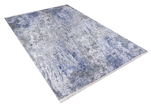 Load image 1 in gallery view. The Abstract Oasis - Washable Rug - JR144 (Custom Size) is a rectangular flat weave rug with a modern blue, gray, and white abstract marbled pattern and short fringes on the shorter edges.