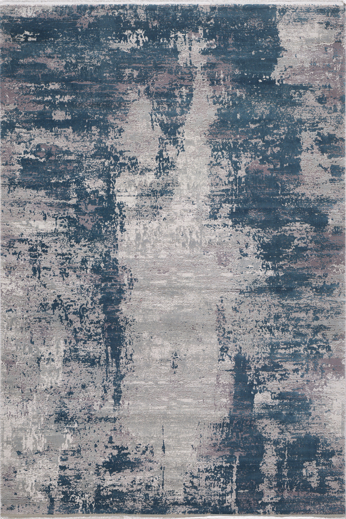 The Abstracta Blue Premium Rug - 1004F features a distressed abstract pattern in blue, gray, and beige tones with painterly brushstrokes for a modern, artistic look. Machine-made for durability and style.