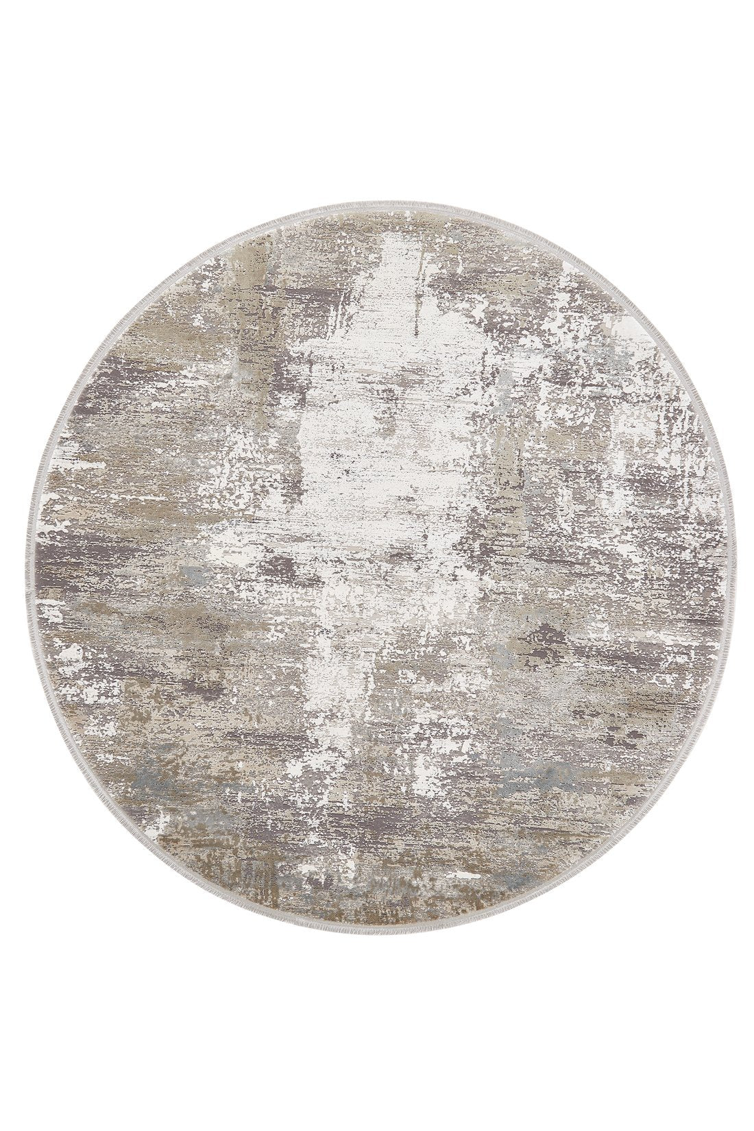The Abstracta Creme Premium Rug - 1004B features a round, distressed abstract pattern in grey, beige, and white tones with light and dark patches for a modern look. Machine-made, it adds contemporary style to any room.