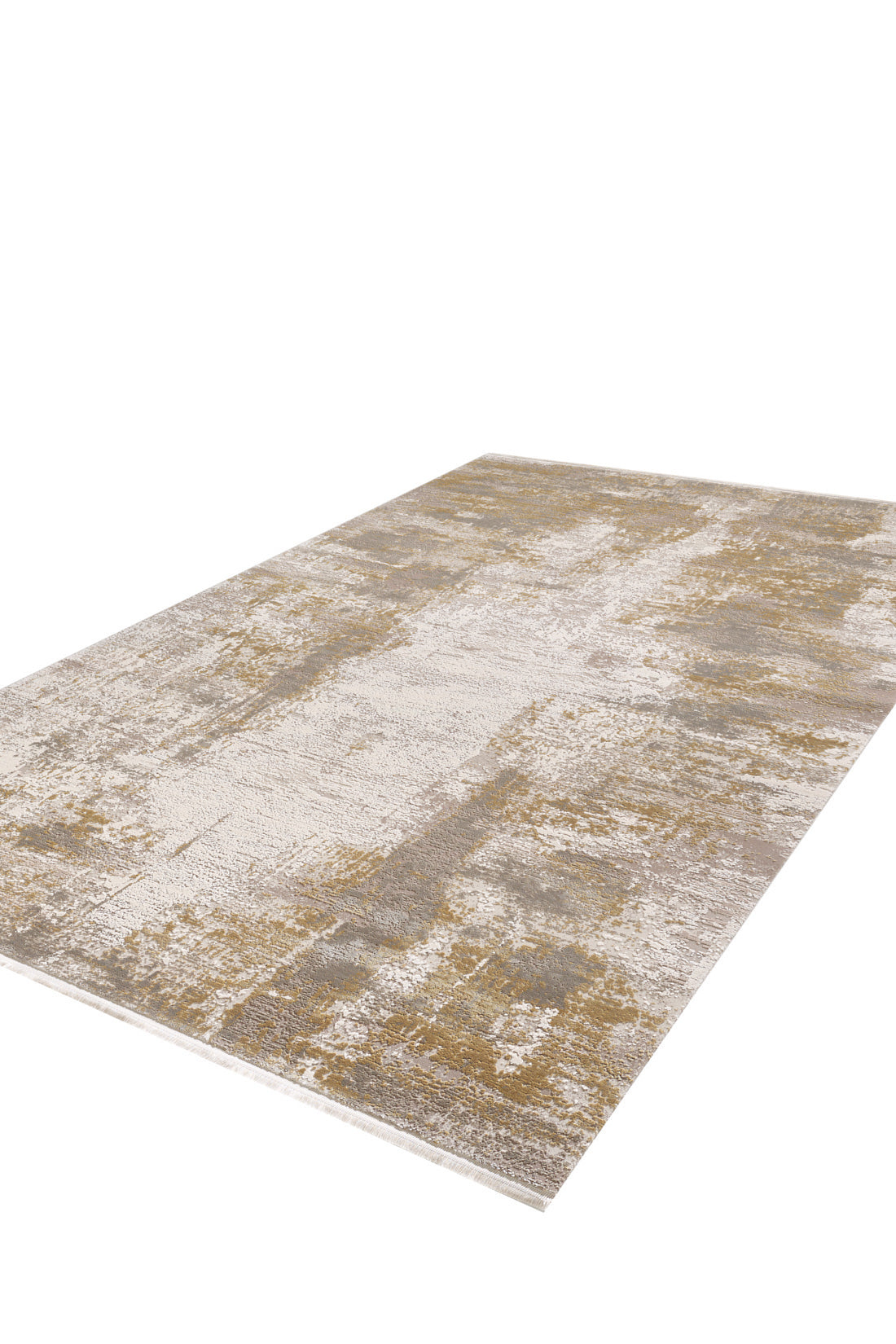 The Abstracta Gold Premium Rug - 1004G features a rectangular design with a distressed abstract pattern in beige, gold, and gray, shown on a white background.