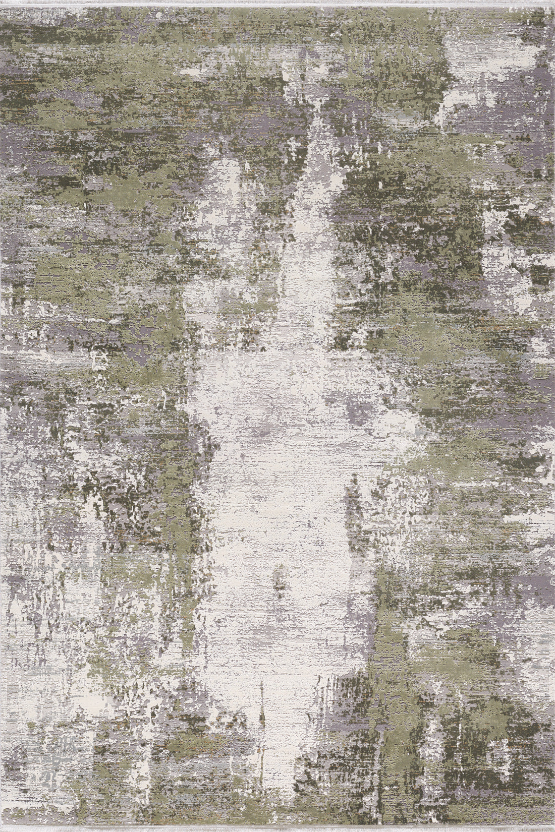 The Abstracta Green Premium Rug - 1004H features a machine-made design with green, gray, and white textured patterns in a distressed, painterly style and uneven color blending for an abstract look with no distinct shapes.