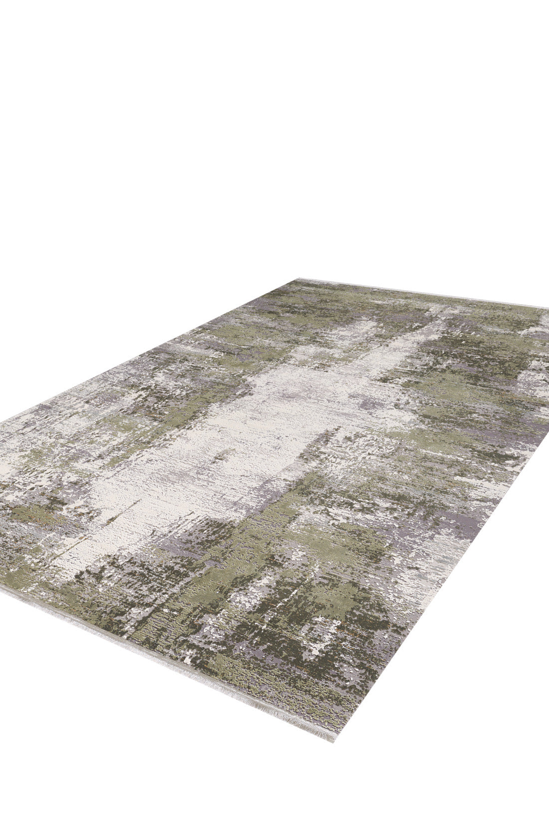 The Abstracta Green Premium Rug - 1004H is a rectangular, machine-made rug with an abstract design in green, gray, and off-white tones, shown against a white background.