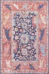 The Aegis Handmade-Design Washable Rug - LCC3029 (Custom Size) features a navy blue center with floral and geometric motifs, plus an ornate coral and beige border with stylized animals—perfect for high-traffic spaces.