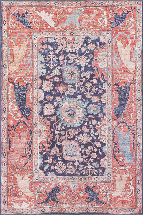 Load image 1 in gallery view. The Aegis Handmade-Design Washable Rug - LCC3029 (Custom Size) features a navy blue center with floral and geometric motifs, plus an ornate coral and beige border with stylized animals—perfect for high-traffic spaces.