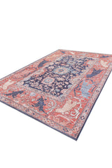 The Aegis Handmade-Design Washable Rug - LCC3029 (Custom Size) features a navy center, ornate floral accents, and a coral, blue, and beige border—ideal for high-traffic areas and allergy-sensitive homes. Shown on a white background.