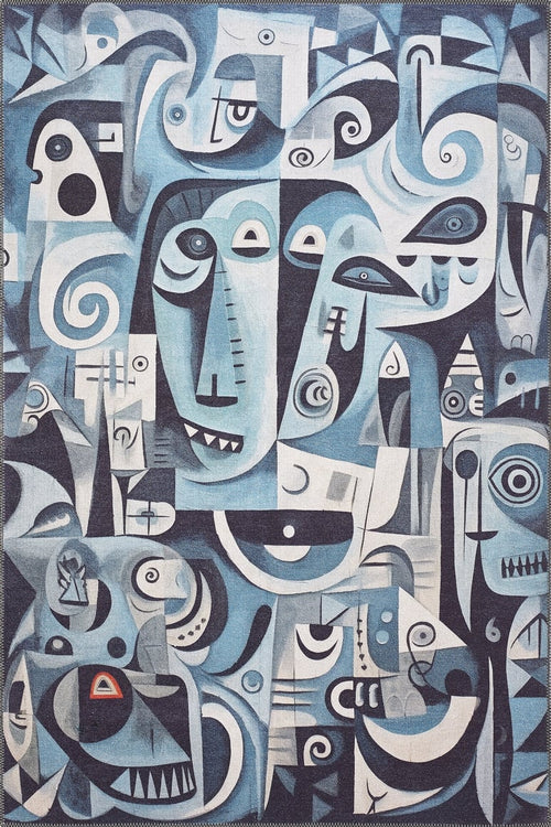 Load image 1 in gallery view. The Aesthetic Anomaly Contemporary Washable Rug - MDJ004 draws inspiration from abstract blue and gray art with geometric shapes, stylized faces, and cubist touches—perfect for bringing modern style to high-traffic spaces.