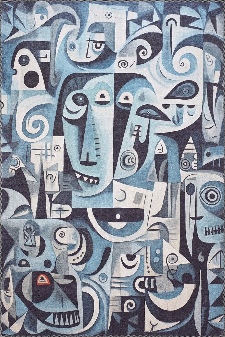The Aesthetic Anomaly Contemporary Washable Rug - MDJ004 features blue, white, and black tones with geometric shapes and stylized faces, creating a cubist-inspired design that's both artistic and durable for high-traffic areas. Custom sizes available.