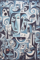 The Aesthetic Anomaly Contemporary Washable Rug - MDJ004 features blue, white, and black tones with geometric shapes and stylized faces, creating a cubist-inspired design that's both artistic and durable for high-traffic areas. Custom sizes available.