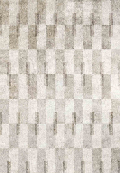 Load image 1 in gallery view. Aged Elegance - Washable Rug - JRN37 features a soft geometric grid of gray and beige rectangles, each with vertical shadows for depth—perfect for high-traffic areas needing style and easy cleaning.