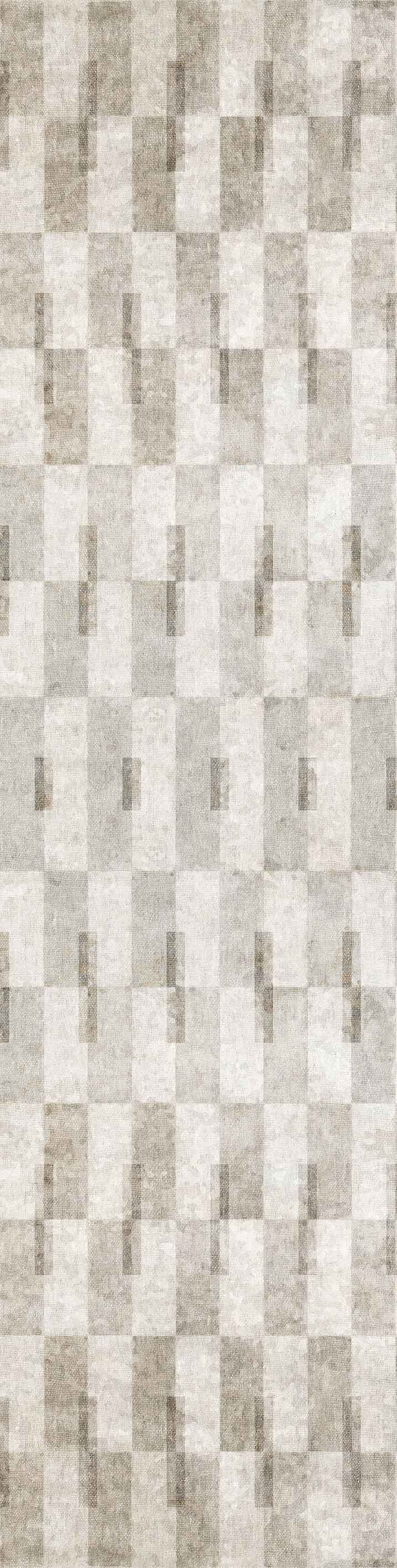 The Aged Elegance - Washable Rug - JRN37 features a geometric pattern of overlapping rectangles in beige, taupe, and light gray, creating a subtle modern look ideal for high-traffic areas.