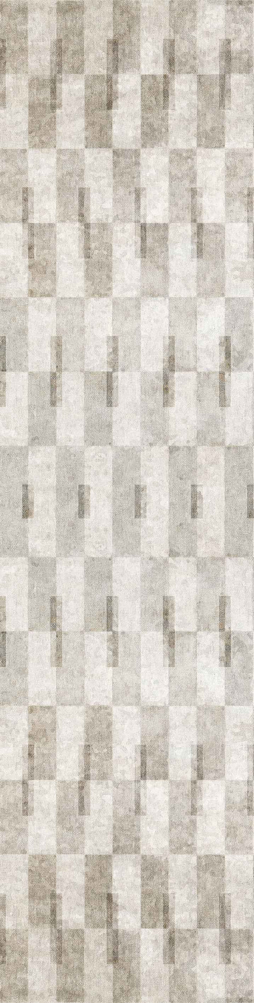 Load image 1 in gallery view. The Aged Elegance - Washable Rug - JRN37 features a geometric pattern of overlapping rectangles in beige, taupe, and light gray, creating a subtle modern look ideal for high-traffic areas.