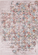 The Aged Mosaic - Washable Rug - JR1096 (Custom Size) features a faded multicolor geometric pattern in red, turquoise, gold, and gray on beige. Its distressed look and washable design make it ideal for high-traffic spaces seeking style and durability.
