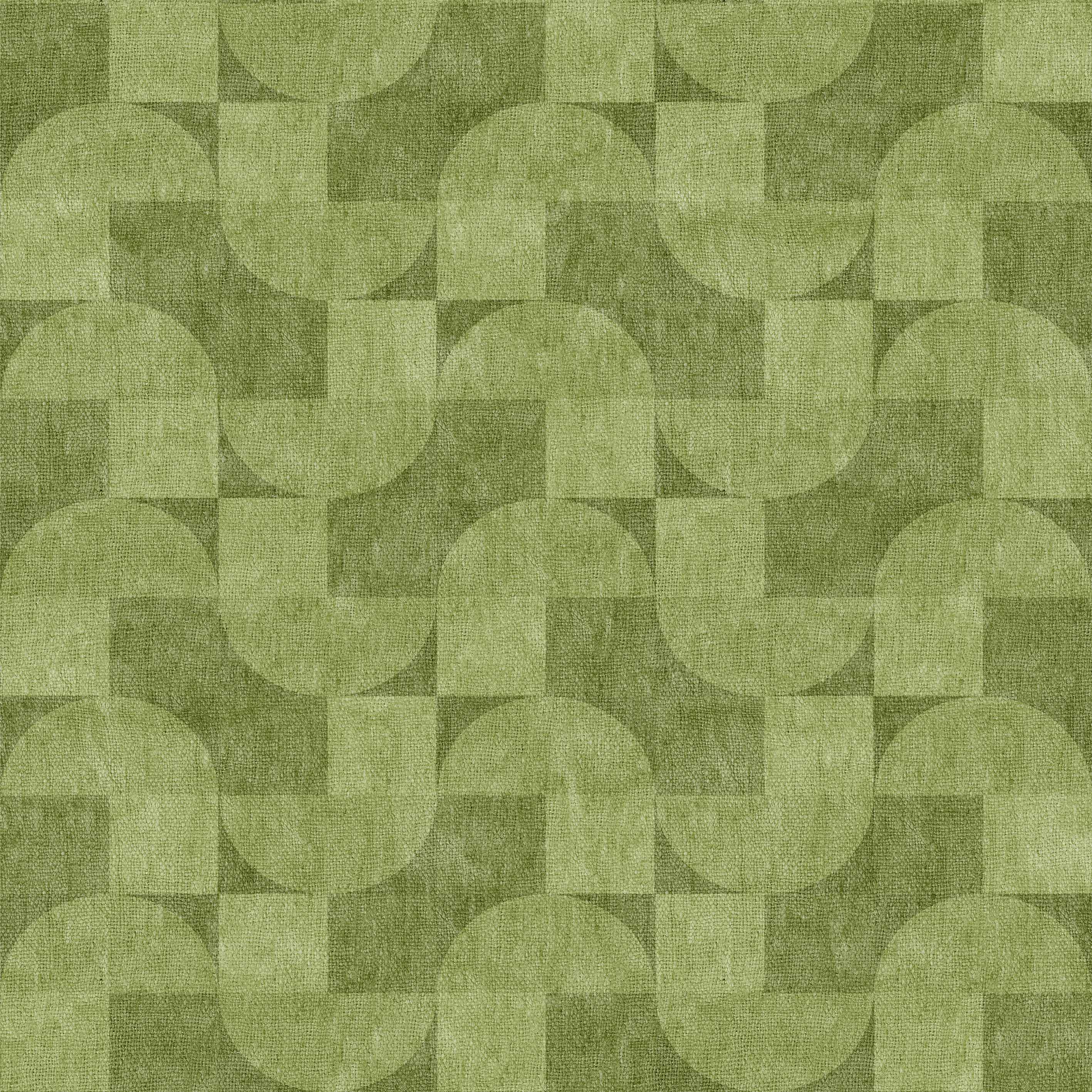Aged Serenity - Washable Rug - JRN51: Features an abstract geometric pattern in green tones with overlapping squares and semi-circles, creating a textured mosaic—ideal for modern interiors and easy to wash.