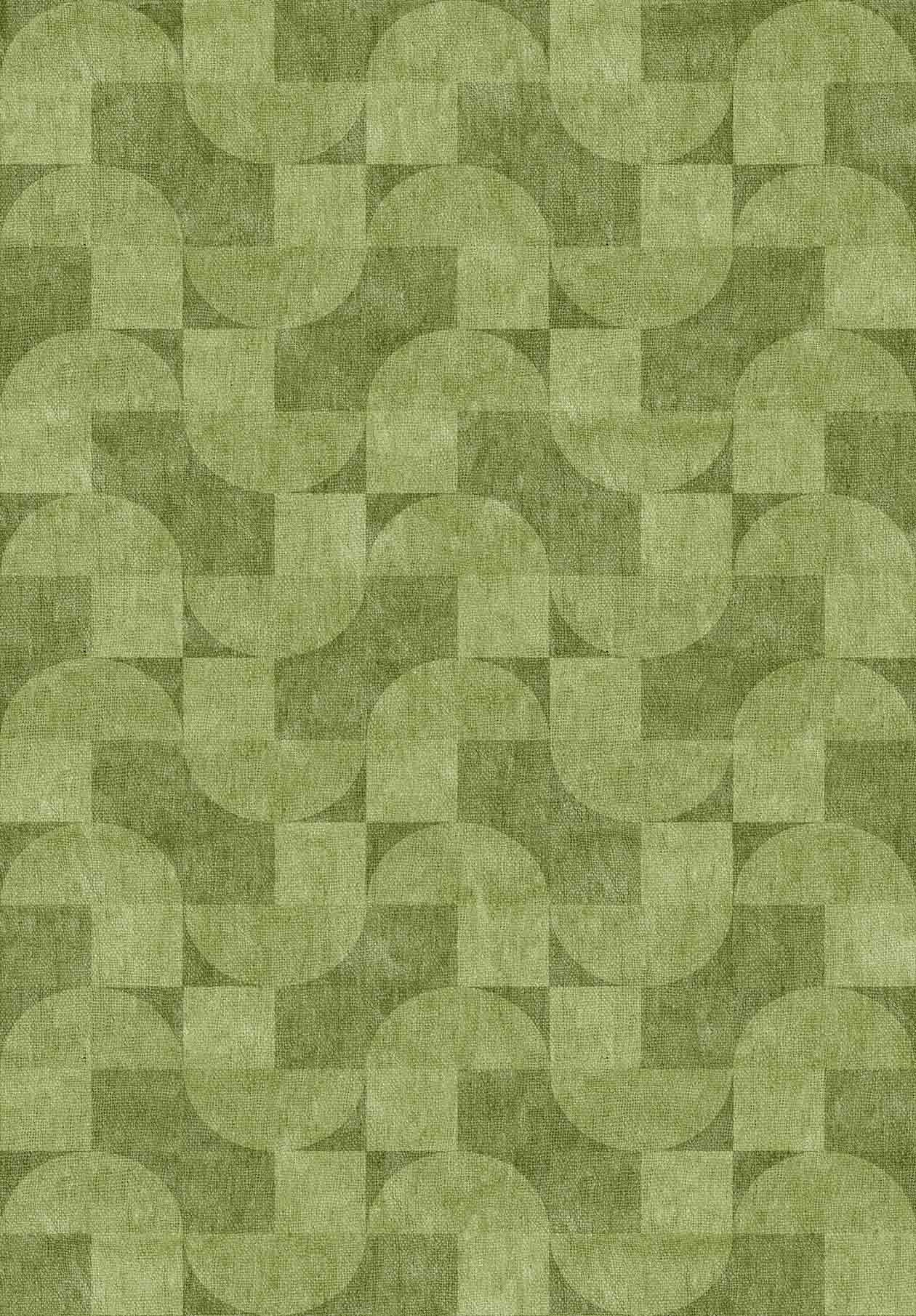 The Aged Serenity - Washable Rug - JRN51 (Custom Size) features a woven geometric pattern with overlapping semi-circles and rectangles in green tones. Its fabric-like texture and modern design make it ideal for contemporary interiors.