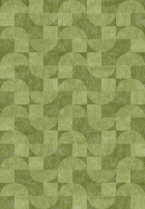 Load image 1 in gallery view. The Aged Serenity - Washable Rug - JRN51 (Custom Size) features a woven geometric pattern with overlapping semi-circles and rectangles in green tones. Its fabric-like texture and modern design make it ideal for contemporary interiors.