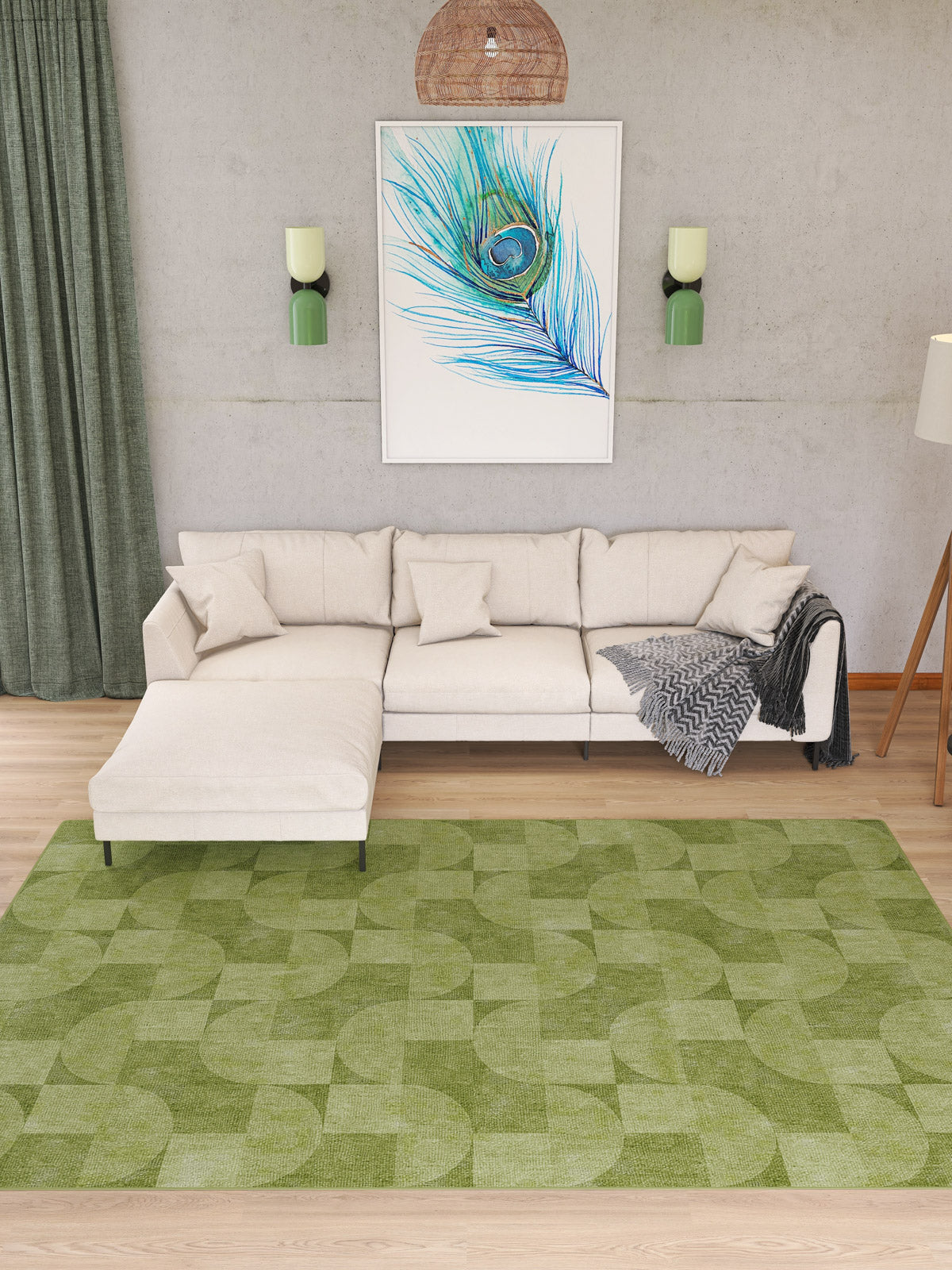 A modern living room with a cream sectional, the Aged Serenity - Washable Rug - JRN51 (Custom Size), framed peacock feather art, green wall sconces, a floor lamp, curtains, and a patterned throw completes these chic interiors.
