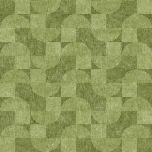 Load image 1 in gallery view. The Aged Serenity - Washable Rug - JRN51 (Custom Size) features a geometric pattern of overlapping half-circles and squares in green tones, creating a stylish, textured look perfect for modern interiors.