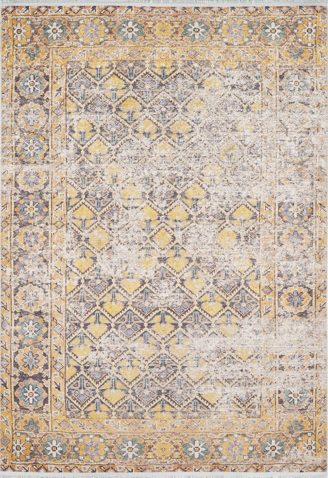 The Aged Splendor - Washable Rug - JR1906 (Custom Size) features a rectangular shape, distressed vintage style, yellow-gold geometric patterns, ornate borders, and floral motifs—ideal for high-traffic areas with its washable convenience.