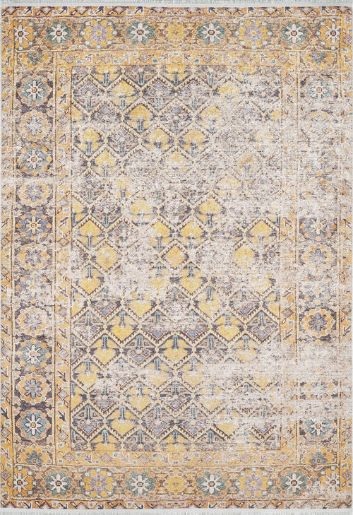 Load image 1 in gallery view. The Aged Splendor - Washable Rug - JR1906 (Custom Size) features a rectangular shape, distressed vintage style, yellow-gold geometric patterns, ornate borders, and floral motifs—ideal for high-traffic areas with its washable convenience.