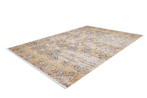 Load image 1 in gallery view. The Aged Splendor - Washable Rug - JR1906 (Custom Size) features a yellow-gold, vintage-style distressed pattern with floral and geometric accents in yellow, beige, gray, and white—ideal for high-traffic areas.
