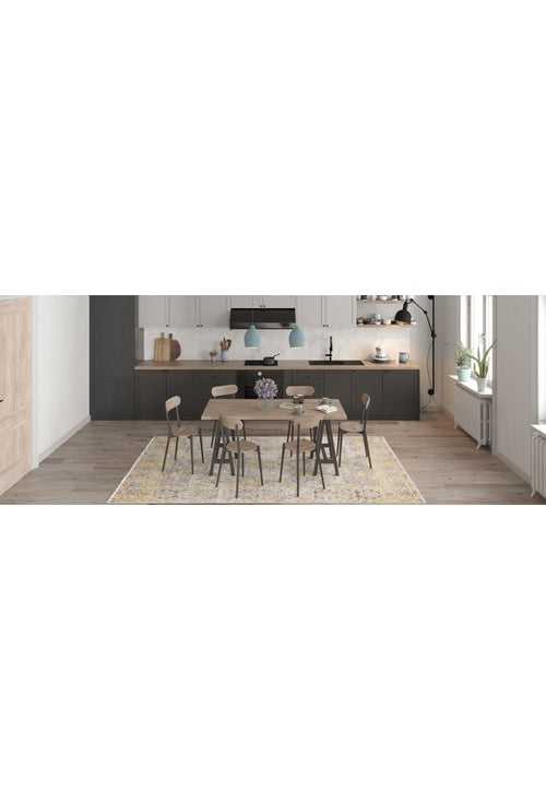 Load image 1 in gallery view. A modern kitchen with dark lower cabinets, white uppers, blue pendant lights, and a wooden dining table for six sits atop the Aged Splendor - Washable Rug - JR1906 (Custom Size)—perfect for high-traffic areas—with large windows streaming natural light.