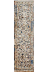 The Aged Treasures Premium Rug - 2181A is a rectangular, narrow runner with an intricate traditional pattern in muted beige, blue, brown, and red tones, complete with a detailed decorative border.