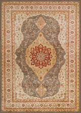 The Amber Stone - Washable Rug - JRS026 is a rectangular Persian-style rug with a red, gold, and gray medallion, intricate floral patterns, and decorative borders—ideal for contemporary interiors.