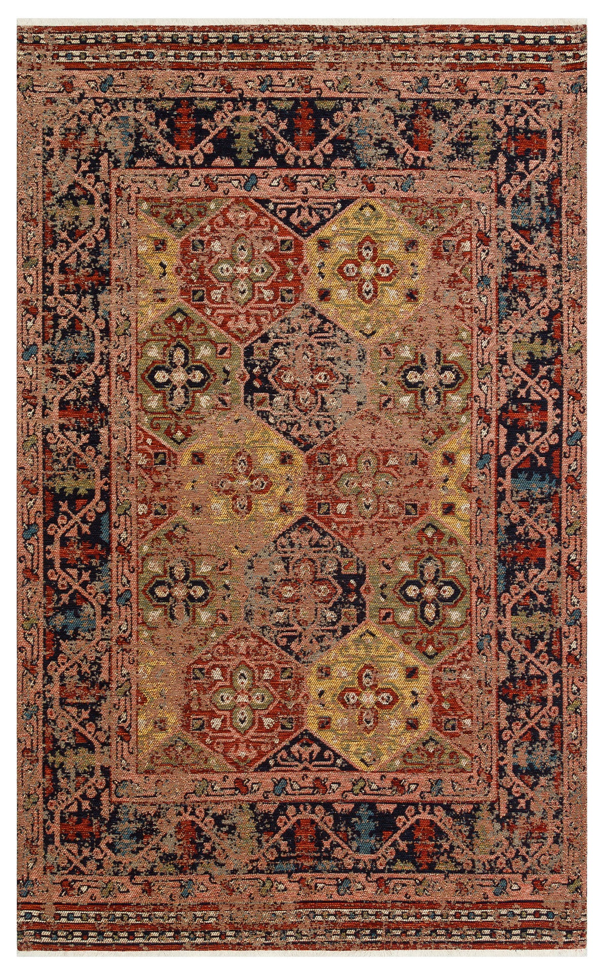 The Anatolian Weave - Washable Kilims - AND01 is a rectangular chenille polyester rug with ornate floral and geometric patterns in red, gold, black, and beige, featuring a detailed border and central medallion design