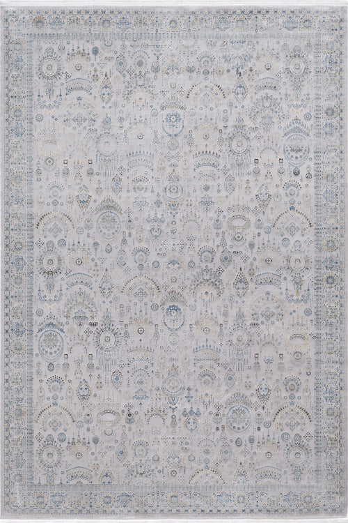 Load image 1 in gallery view. The Ancestral Motifs Turkish Rug - 2225C is a large, rectangular, machine-made rug with an intricate floral and geometric pattern in soft gray, blue, and ivory. It features a decorative border and a faded vintage look.