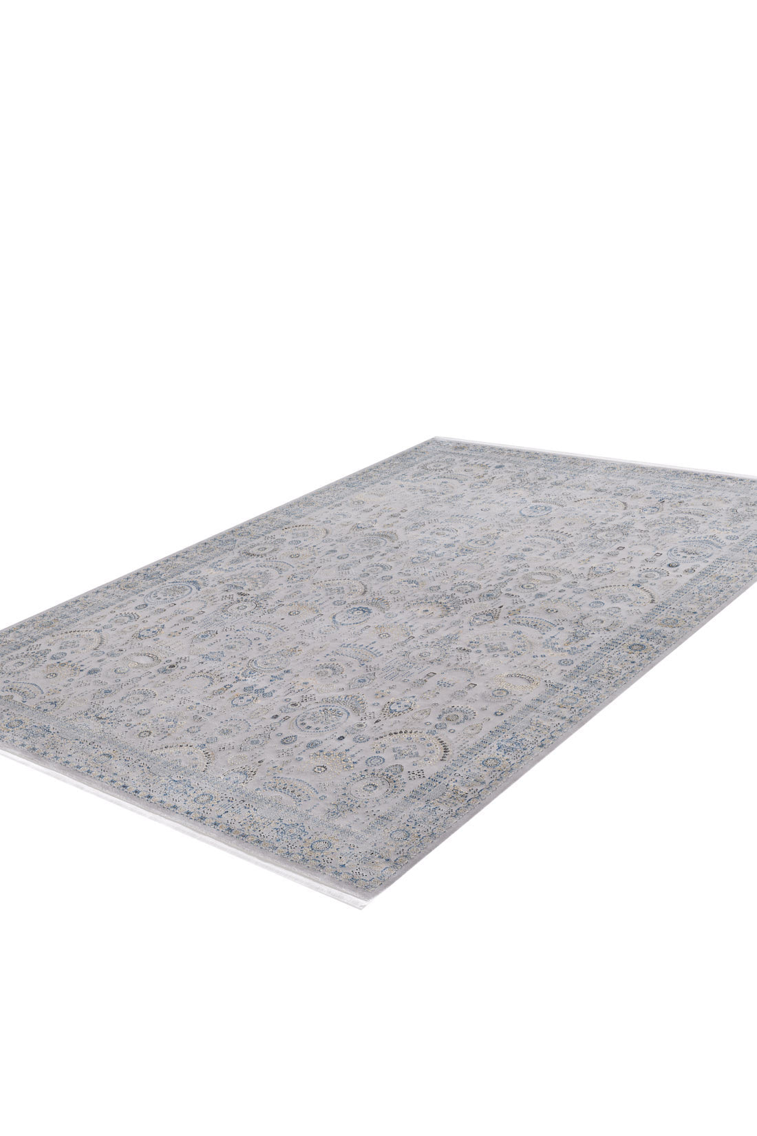The Ancestral Motifs Turkish Rug - 2225C is a contemporary machine-made rug with a light gray background and intricate blue and beige floral patterns, crafted from soft modal silk-polyester, displayed on a plain white background.
