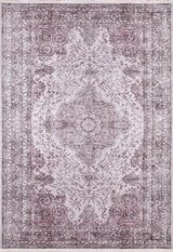 The Ancient Emblem - Washable Rug - JR200 (Custom Size) features a faded vintage look with a central floral medallion, ornate vine and floral patterns, and a decorative border in soft mauve, pink, purple, and beige.