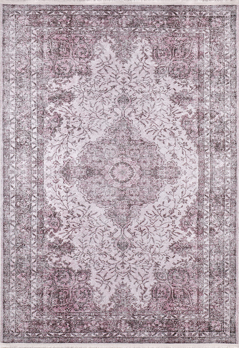 The Ancient Emblem - Washable Rug - JR200 (Custom Size) features a faded vintage look with a central floral medallion, ornate vine and floral patterns, and a decorative border in soft mauve, pink, purple, and beige.
