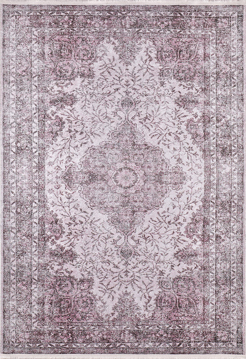 Load image 1 in gallery view. The Ancient Emblem - Washable Rug - JR200 (Custom Size) is a rectangular flat weave with an ornate, faded vintage look, featuring a central medallion and symmetrical floral patterns in light gray and muted burgundy.