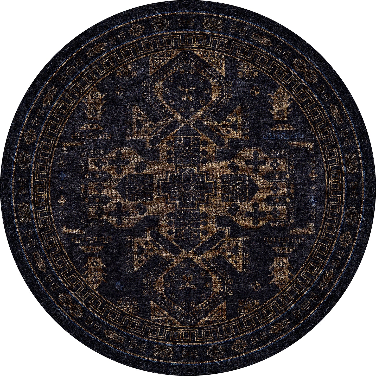 The Ancient Legacy - Washable Rug - JR1890 is a round rug with an intricate geometric and floral pattern in dark blue and gold, featuring a detailed border and symmetrical central design—ideal for high-traffic areas.