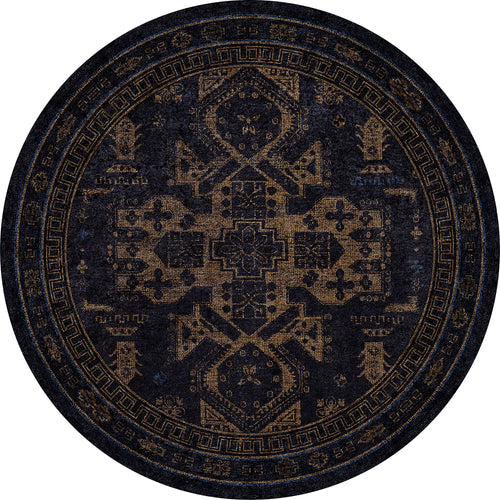 Load image 1 in gallery view. The Ancient Legacy - Washable Rug - JR1890 is a round rug with an intricate geometric and floral pattern in dark blue and gold, featuring a detailed border and symmetrical central design—ideal for high-traffic areas.