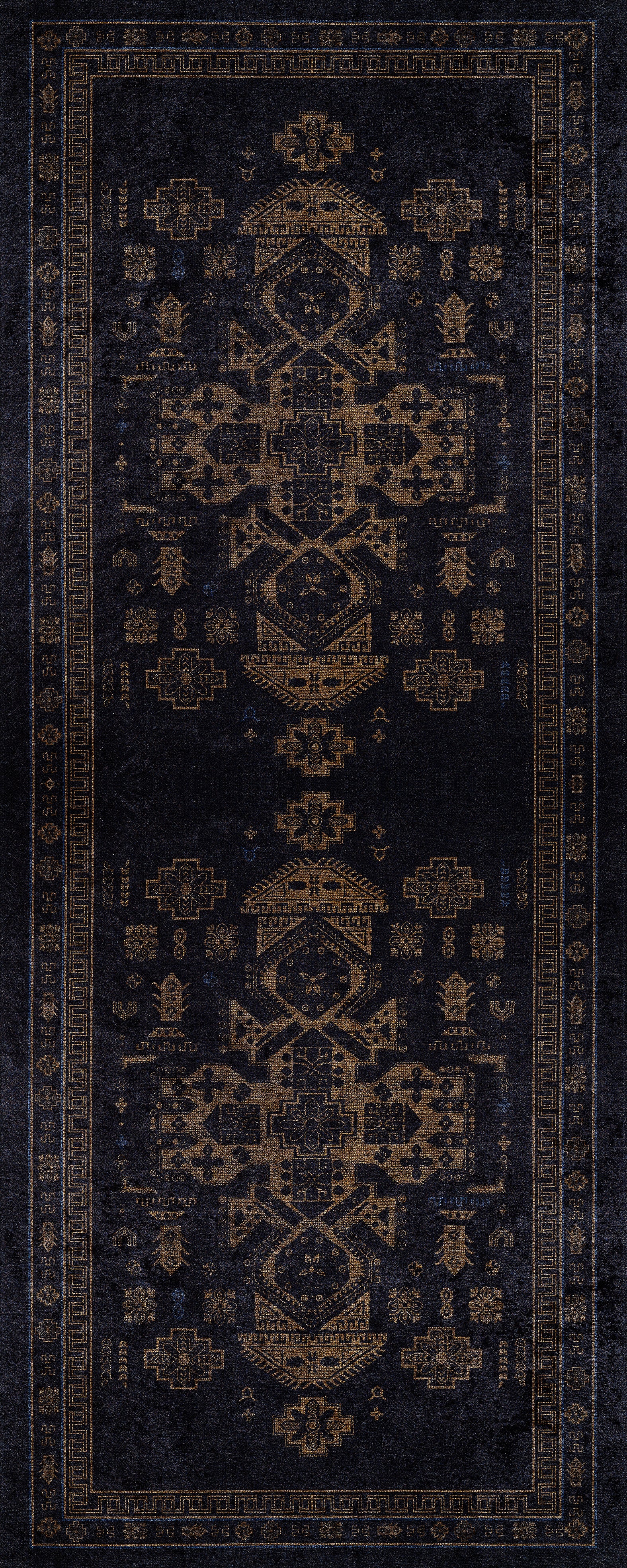 The Ancient Legacy - Washable Rug - JR1890 features a dark, rectangular design with intricate, symmetrical geometric patterns in muted browns and decorative borders. Its vintage elegance is ideal for high-traffic areas and easy cleaning.