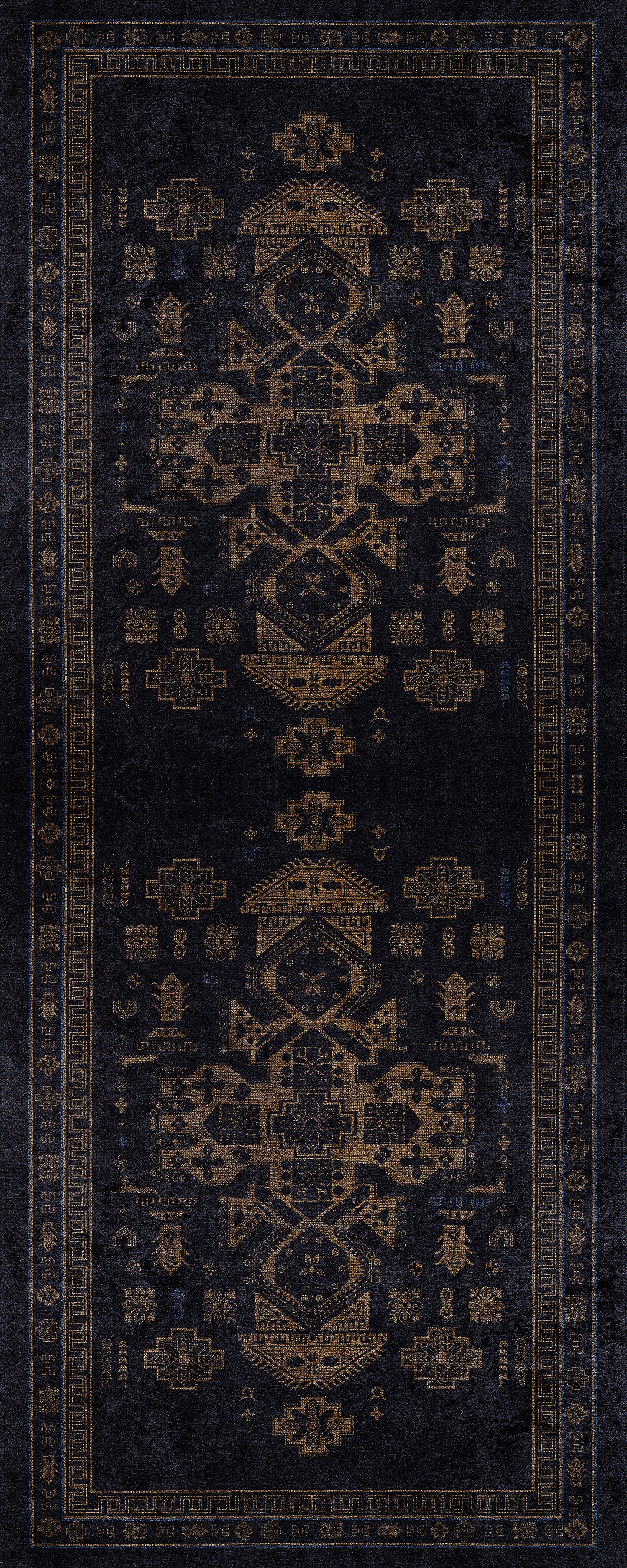The Ancient Legacy - Washable Rug - JR1890 features a dark, rectangular design with intricate, symmetrical geometric patterns in muted browns and decorative borders. Its vintage elegance is ideal for high-traffic areas and easy cleaning.