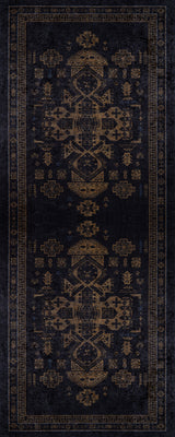 The Ancient Legacy - Washable Rug - JR1890 features a dark, rectangular design with intricate, symmetrical geometric patterns in muted browns and decorative borders. Its vintage elegance is ideal for high-traffic areas and easy cleaning.