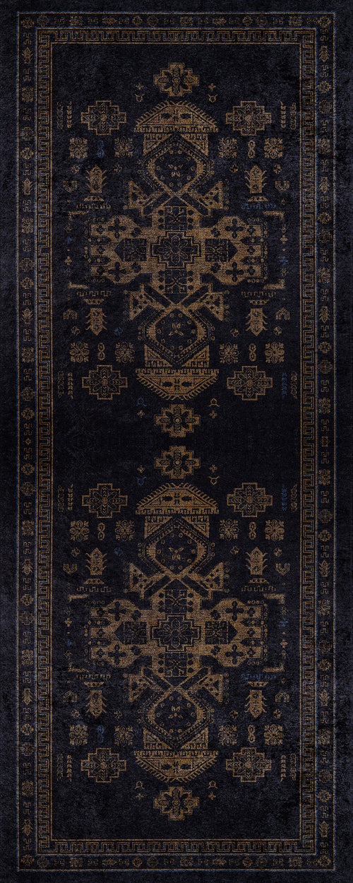Load image 1 in gallery view. The Ancient Legacy - Washable Rug - JR1890 features a dark, rectangular design with intricate, symmetrical geometric patterns in muted browns and decorative borders. Its vintage elegance is ideal for high-traffic areas and easy cleaning.