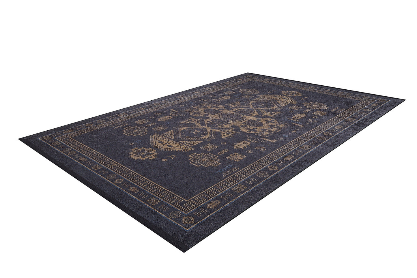 The Ancient Legacy - Washable Rug - JR1890 (Custom Size) is a rectangular dark blue flat weave rug with gold geometric and floral patterns, a detailed border, and symmetrical central design, displayed angled on a white background.